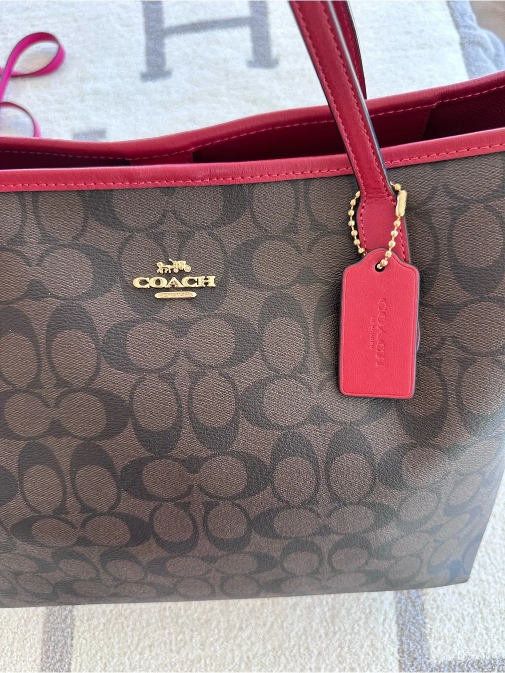 Coach Brown Signature Tote with Wine Trim